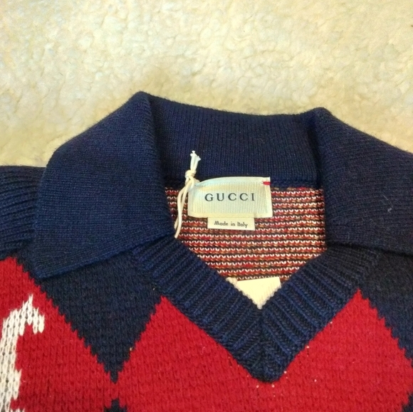 Gucci kids red blue argyle horse long sleeve polo wool sweater - Picture 4 of 12
